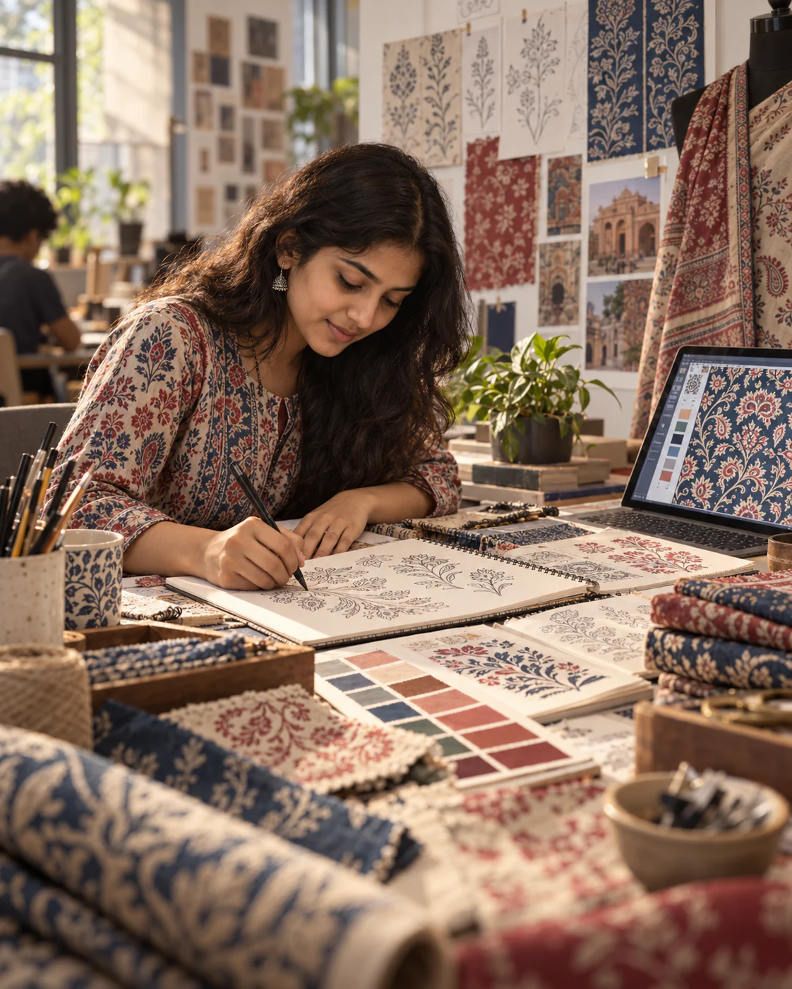 Illustrative textile design student sketching motifs beside fabric samples and digital pattern work