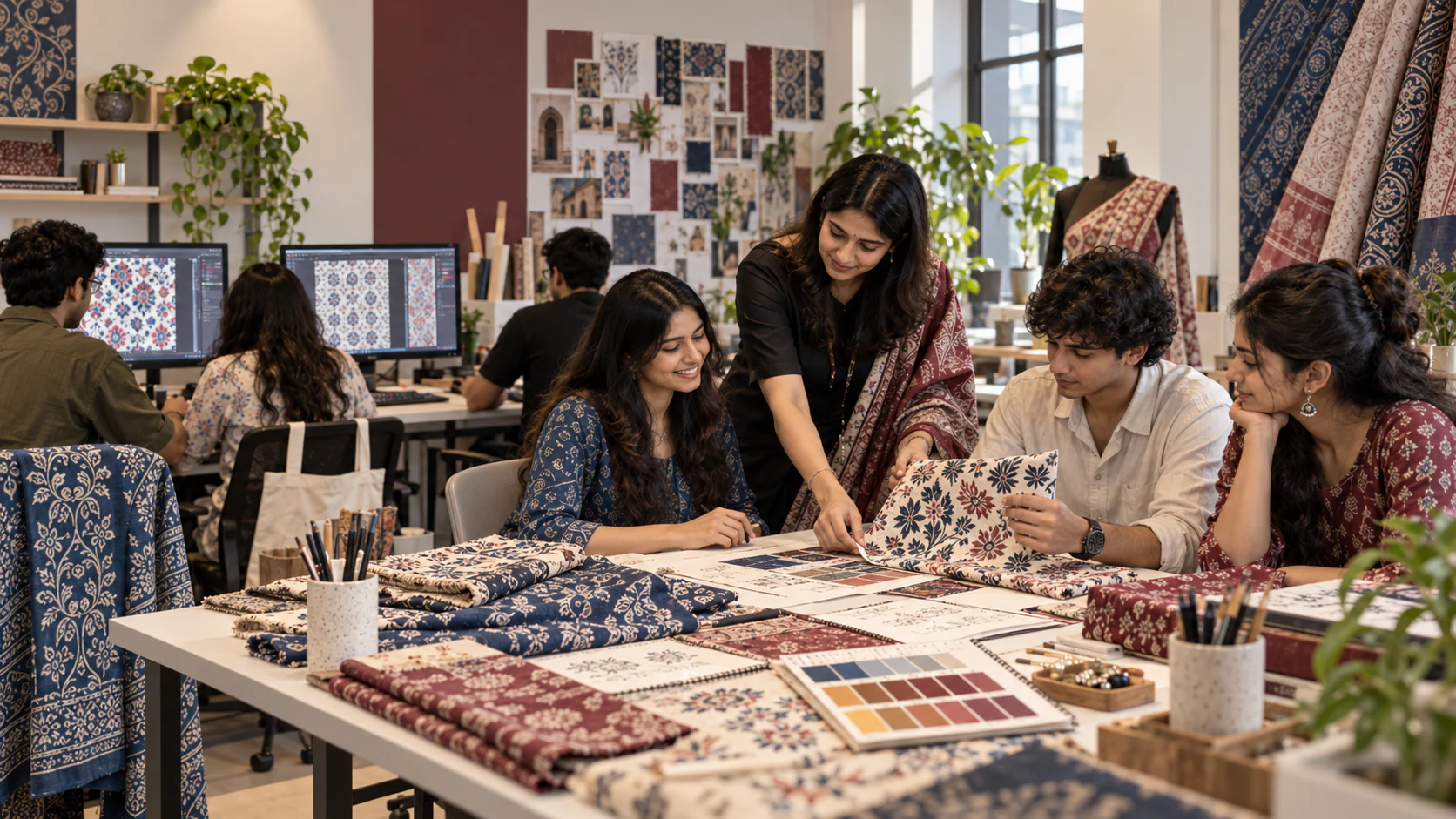 Illustrative practical textile studio showing hands-on work with fabrics, pattern development and production context