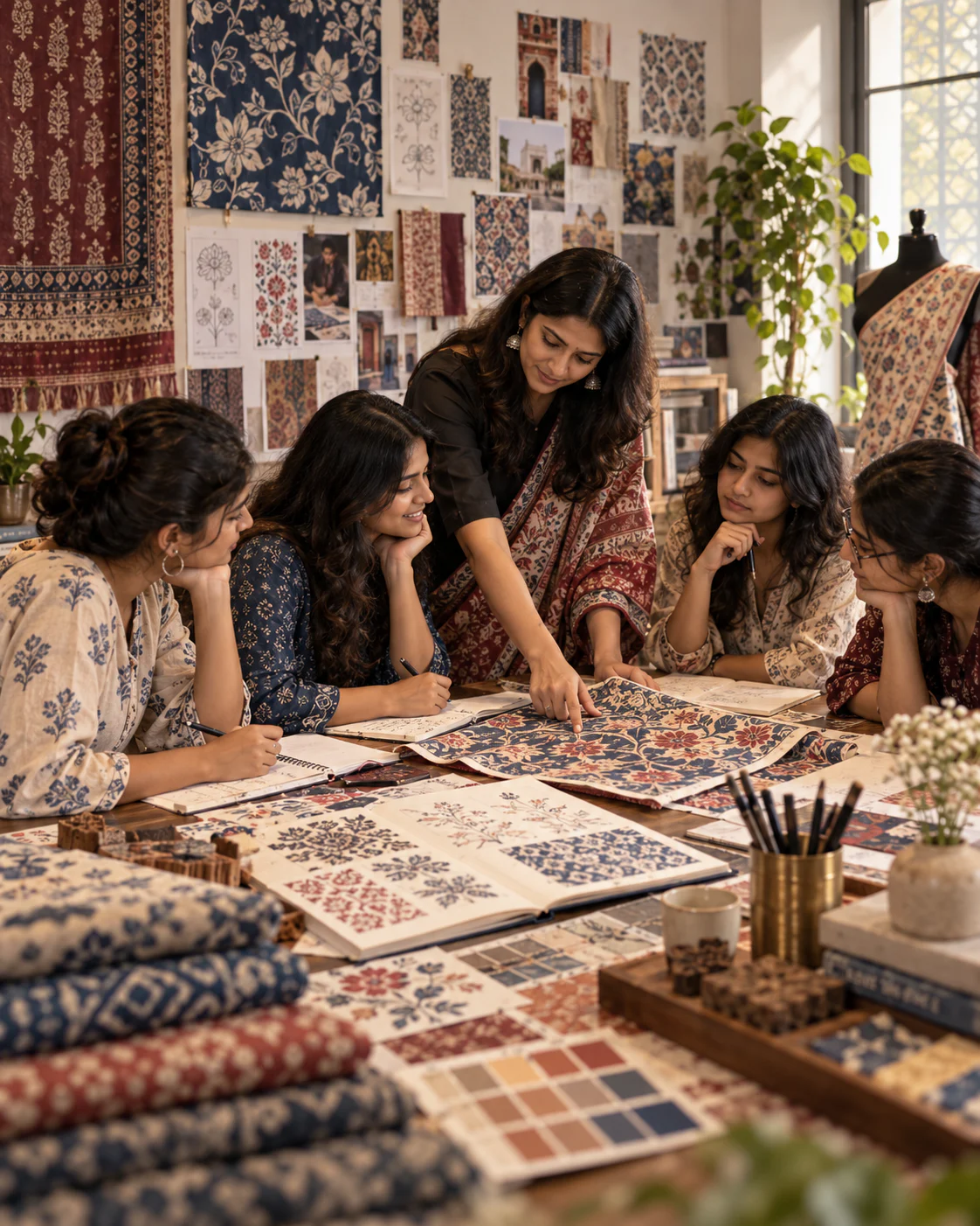 Illustrative textile design class with a mentor guiding learners through pattern and fabric development