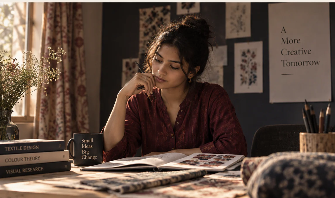 Illustrative textile design learner reflecting and sketching textile ideas at a studio desk