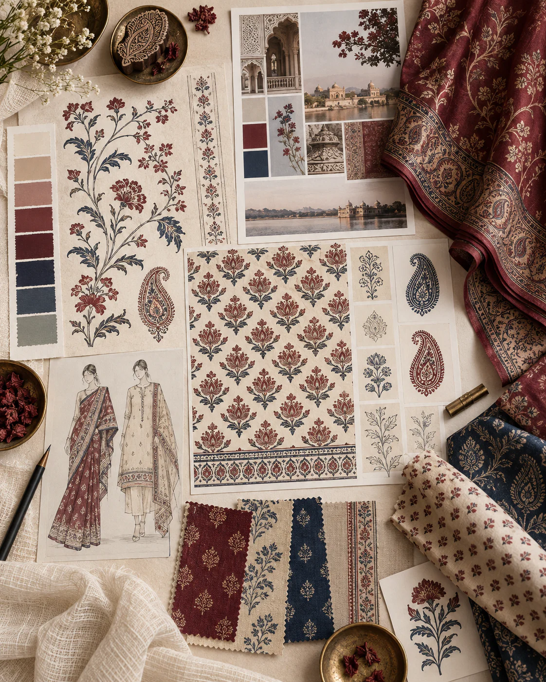Illustrative textile print portfolio board with repeat patterns, motifs, colour swatches and fabric samples