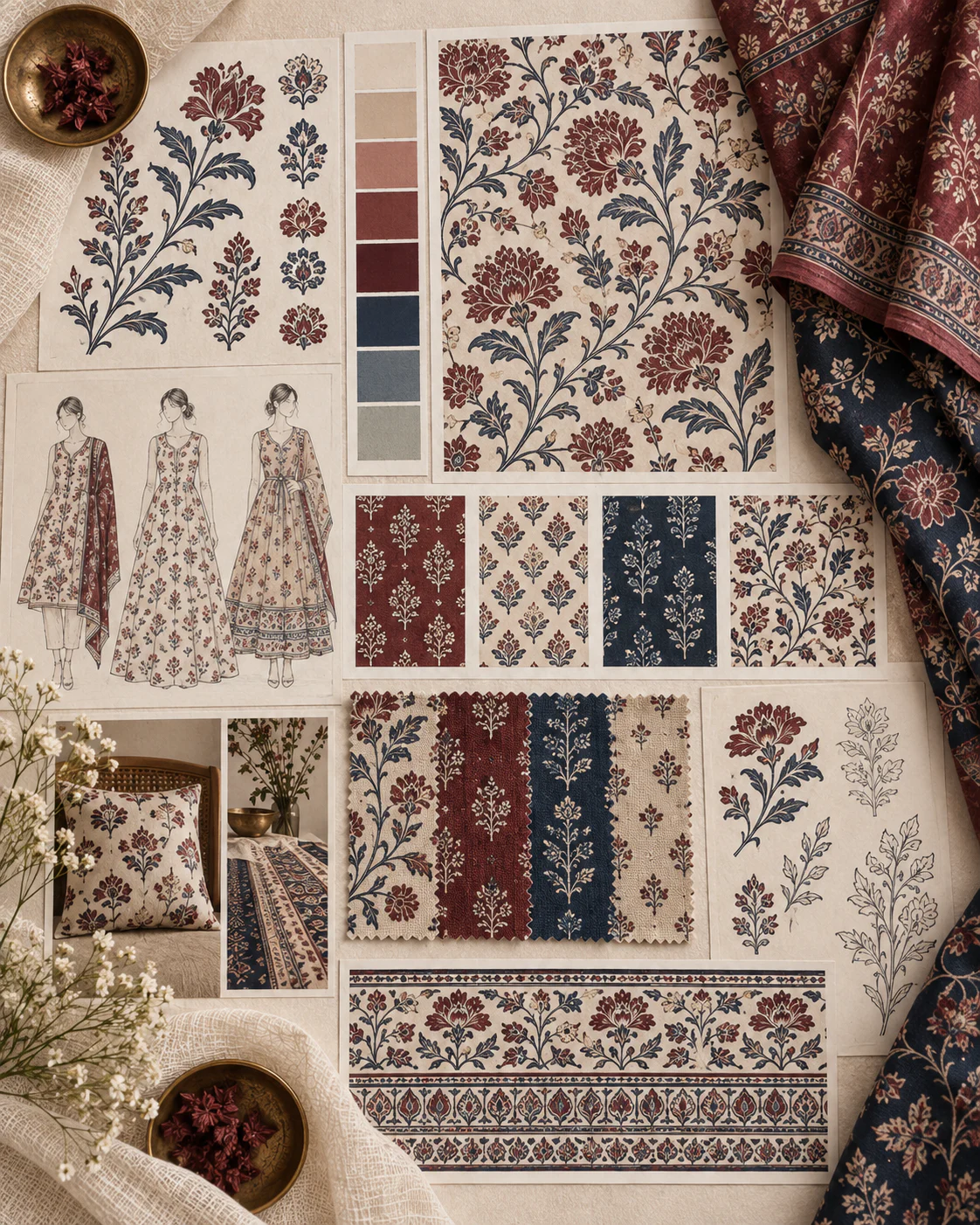 Illustrative floral textile surface design collection with motifs, colour palette and fabric samples