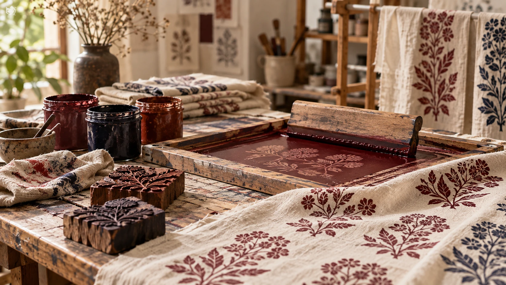 Illustrative textile printing process with screen, blocks, inks and printed fabric