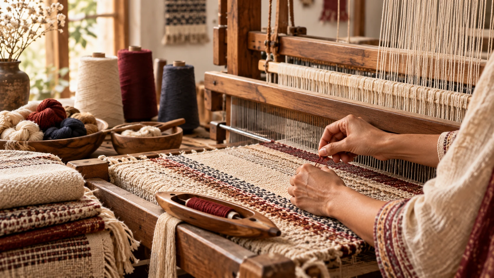 Illustrative hands weaving yarn on a loom to understand textile construction