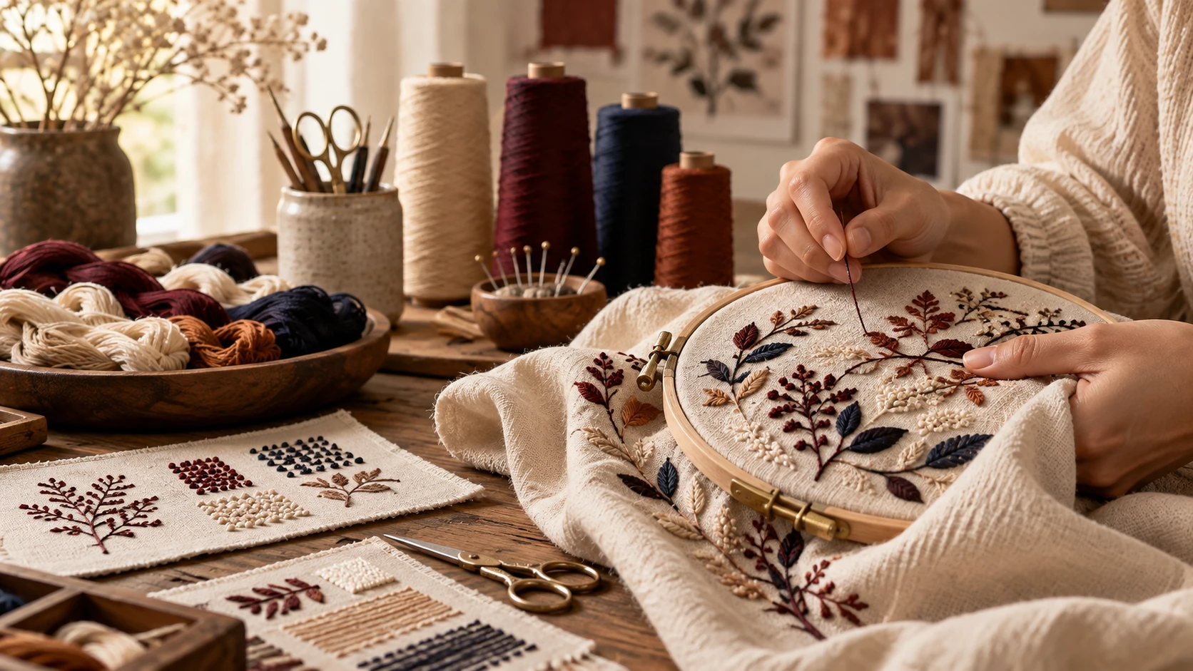 Illustrative hands creating detailed embroidery with thread and textile samples