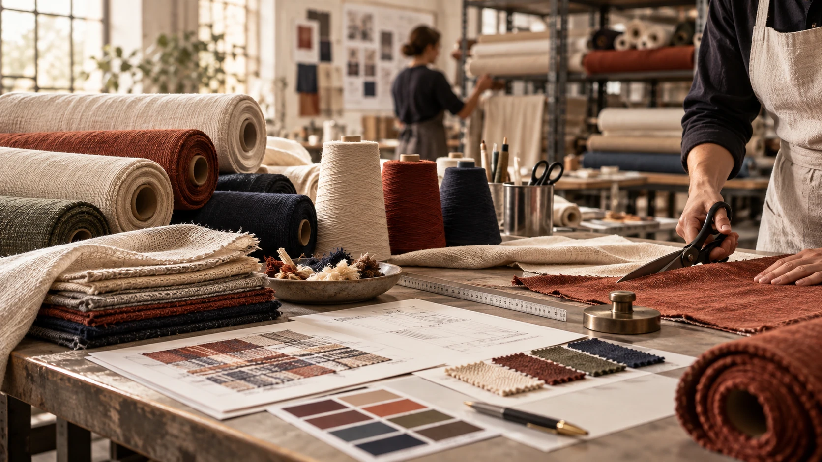 Illustrative textile production workspace with fabric rolls, cutting and production planning