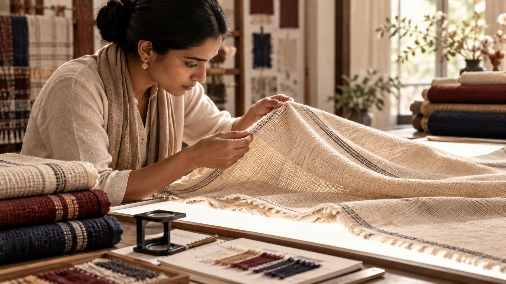 Illustrative textile quality inspection of fabric construction and finishing