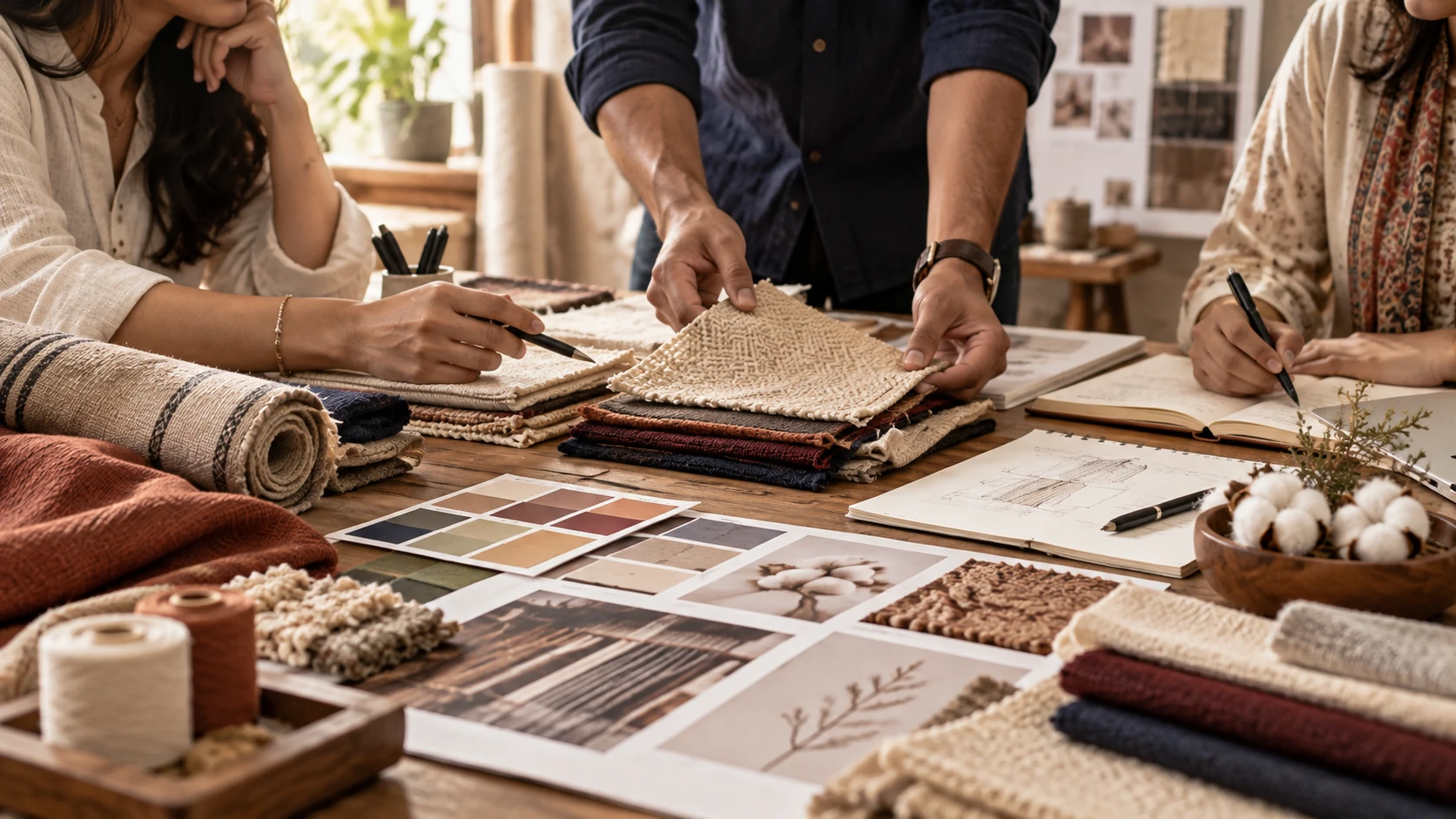 Illustrative textile team reviewing fabric samples, products and business planning